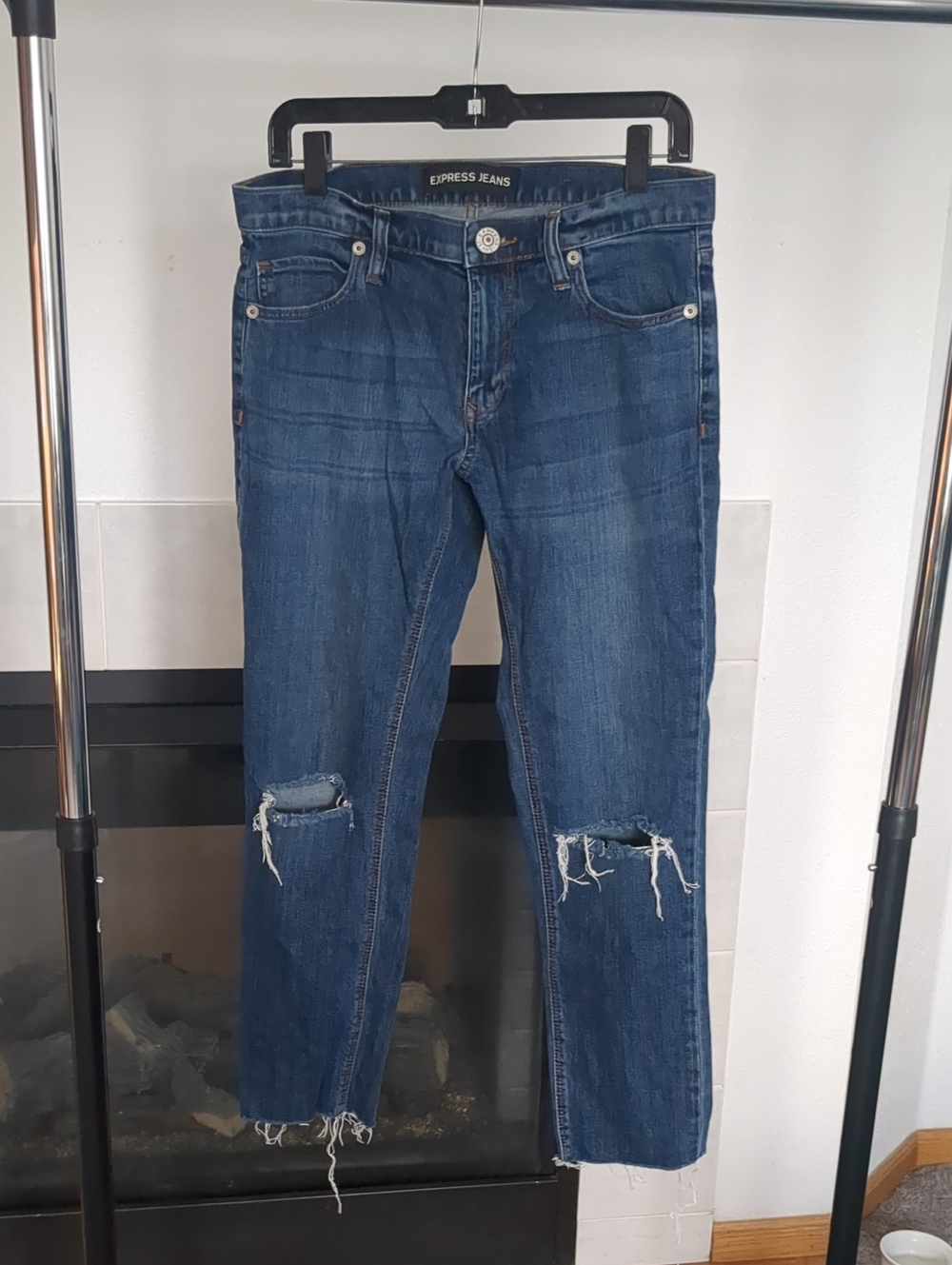 Express Girlfriend Slim Straight Distressed Jeans - Dark Blue